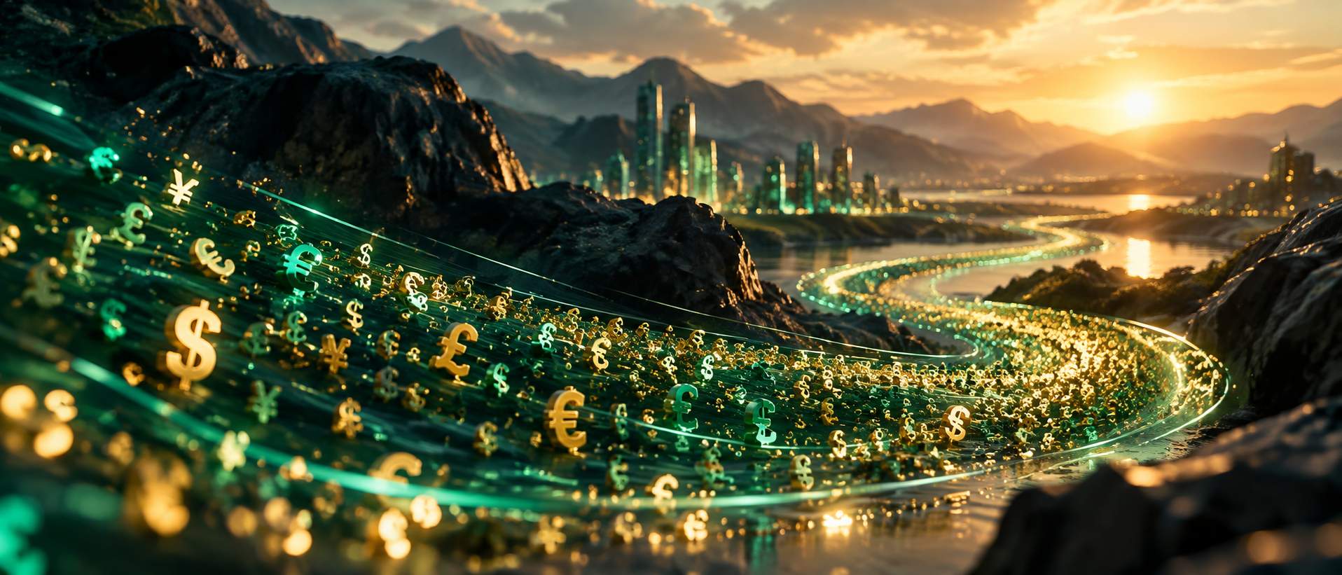 Flowing river of light made of tiny currency symbols